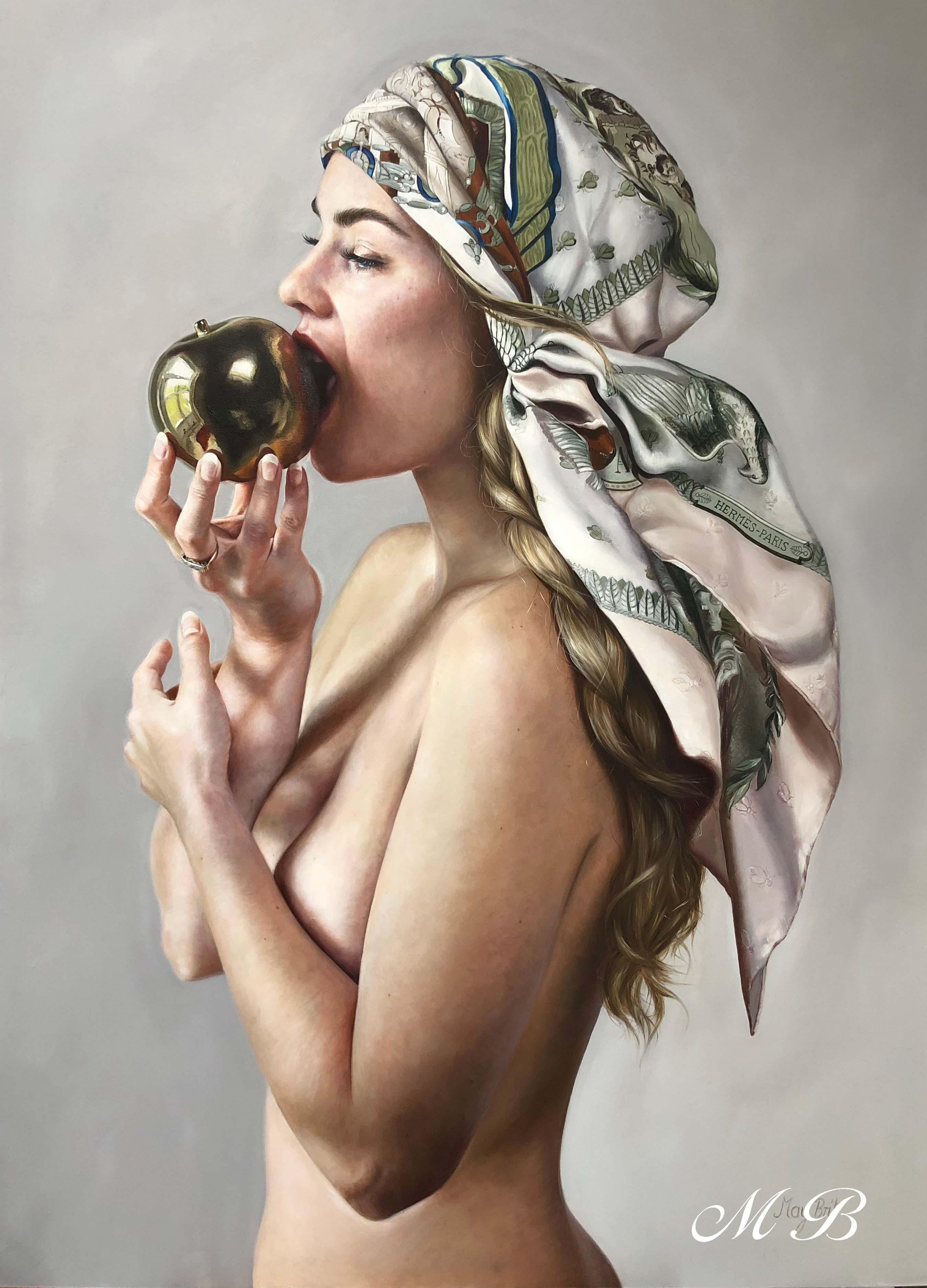 Schilderij-Girl with her Hermes scarf and golden apple-May-Brit-Kunstenares
