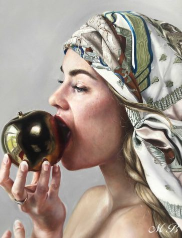 Schilderij-Girl with her Hermes scarf and golden apple-May-Brit-Kunstenares-w02